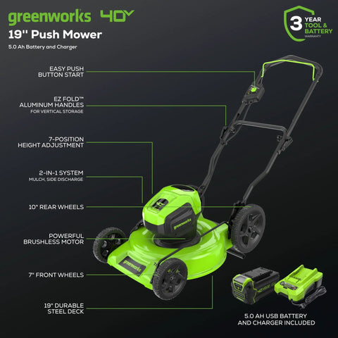40V Cordless Push Lawn Mower With 19 Inch Steel Deck, 5.0Ah Battery And Charger Included, Up To 35 Minutes Run Time, Lightweight Yet Durable, No Gas, Easy Start And Clean Cut For Dense Lawns. Greenworks 19" push mower with battery and charger