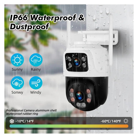 Smooth Operator 6MP Dual Lens Wireless IP Camera For Real Deal Surveillance No Fuss Install, installed outdoors under rain.