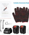 Accessory kit for Loschen Cordless Electric Rebar Bender, including gloves, tools, battery charger, and manual.