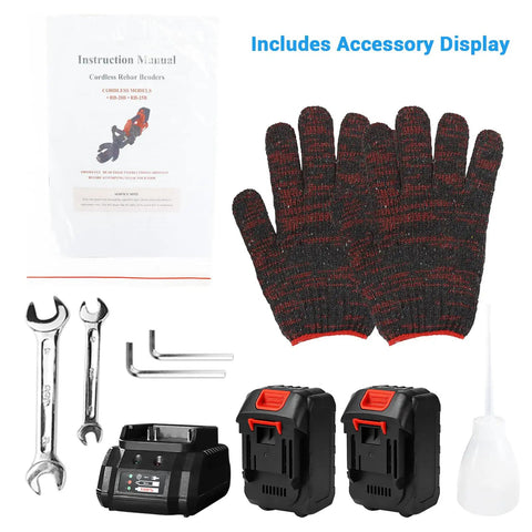 Accessory kit for Loschen Cordless Electric Rebar Bender, including gloves, tools, battery charger, and manual.