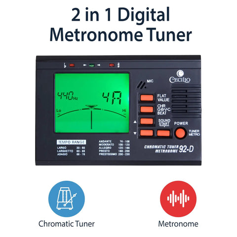 2 In 1 Digital Metronome Tuner For Guitar Bass Violin And Ukulele Chromatic Tuner With Metronome High Visibility LCD Precision Calibration Multi Instrument Tuning Practice Aid For Musicians, black LCD front view