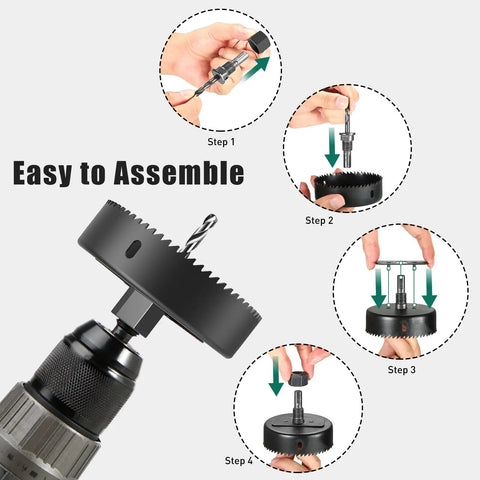 Step-by-step assembly of Badass 19 Piece Hole Saw Kit Packs Heavy Duty Carbon Steel Blades for easy use.