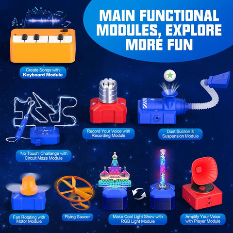 Main modules of Kids Electronics Exploration Kit With Over 671 Circuit Projects And Physics Experiments, showing keyboard and motor modes.