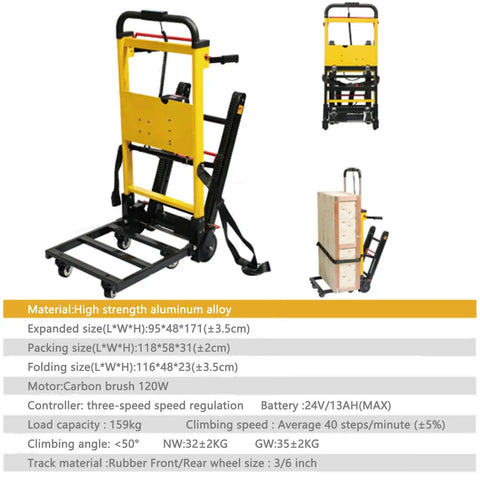 120W Powered Electric Stair Climbing Hand Truck Dolly Cart With 24V Lithium Battery, Heavy Duty Stair Climber For Moving Boxes And Gear, Long Lasting Charge Delivers 3-4 Hours Of Runtime And Up To 6,000 Steps. Yellow aluminum alloy stair climbing hand truck with folding base and wheels