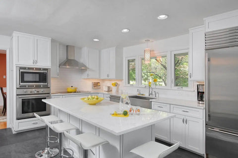 Modern kitchen with 6 Inch White Recessed Light Trim With Detachable Ring And Step Baffle, Full Metal For 6 Inch Recessed Can.