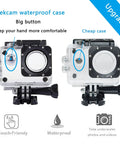 Waterproof Action Camera Protective Housing Case with large button, shown in upgraded model, suitable for various action cams.