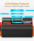 Heavy Duty 2500 Watt Pure Sine Wave Power Inverter 12V DC To 110V 120V AC Converter features an LCD display showing output data.