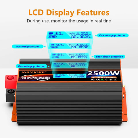 Heavy Duty 2500 Watt Pure Sine Wave Power Inverter 12V DC To 110V 120V AC Converter features an LCD display showing output data.