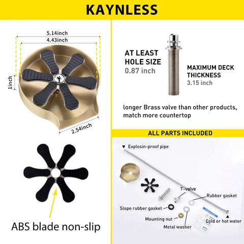 Glass Rinser For Sink, SUS 304 Stainless Steel Cup Washer components with measurements, ABS blade non-slip detail, brushed nickel finish.