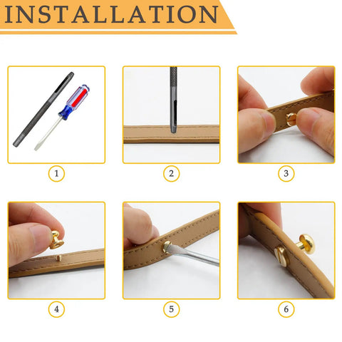 Installation of Slick Gold Brass Chicago Screws Combined With Round Head Button Studs for leather crafts, showing steps and tools.