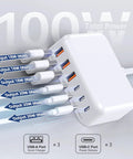 6 In 1 USB Charging Station For Multiple Devices with 3 USB-C and 3 USB-A ports showing 100W total power output