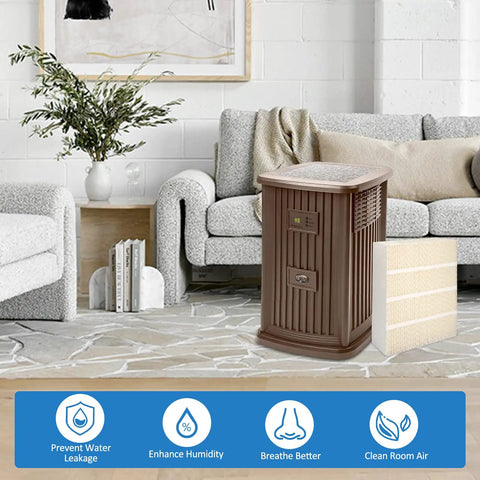 Essick 1043 Humidifier Wick Filter Replacement beside humidifier in living room, enhances humidity, prevents water leakage.