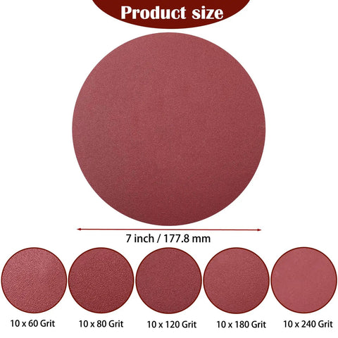 50 Pack 7 Inch Sanding Discs Set With Grits 60 80 120 180 240 For Random Orbit Sanders Hook And Loop Aluminum Oxide Paper