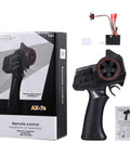 2.4G 3CH RC Transmitter With 2 In 1 Receiver ESC For 1 To 32 Scale RC Cars And Boats next to its packaging and instruction manual
