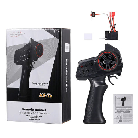2.4G 3CH RC Transmitter With 2 In 1 Receiver ESC For 1 To 32 Scale RC Cars And Boats next to its packaging and instruction manual