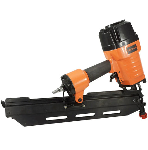 Close-up of 21 Degree Full Round Head Framing Nailer With Tool-Free Depth Adjust, Optional Bump Fire Trigger, No Mar Tip, Carrying Case