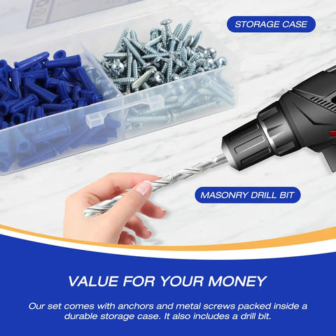 All In One Concrete Anchors And Screws Kit with storage case, visible drill bit, 201 pcs drywall anchors, 100 pcs screws