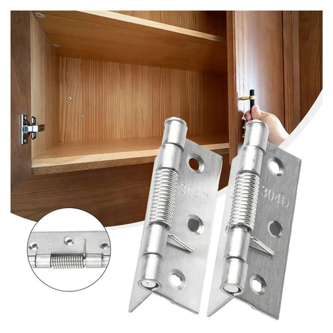 Self Closing Cabinet Door Hinge With Built-In Spring, stainless steel, shown with wooden cabinet, easy installation.