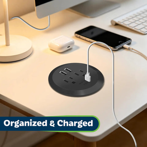 GaN Desk Grommet Power Hub With 65W USB C PD 2 USB A Ports And Duplex Outlet 3 Inch Circular Grommet for office desk