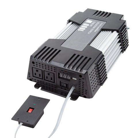 Rock Solid 1000W Car Power Inverter with dual outlets and USB port for 12V to 110V AC conversion.