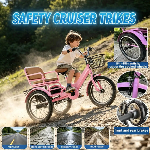 Child riding Three Wheel Kids Bicycle For Ages Three To Ten, Tandem Trike With Passenger Seat on dirt path