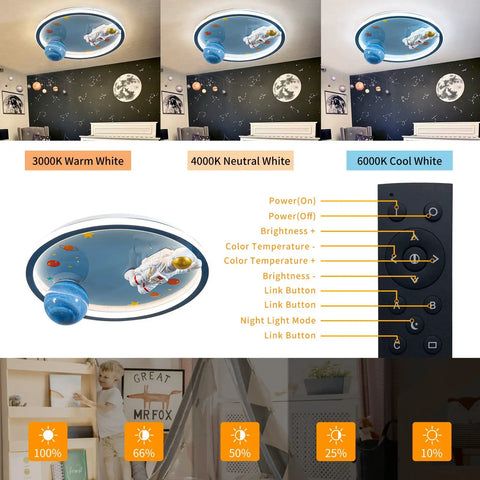 20 Inch Astronaut Ceiling Light for Kids Room and Bedroom Dimmable LED Flush Mount with Remote Control Resin Planet and Astronaut Figurine Rust Proof Metal Easy Install 3000K 6000K Color Temperature Kid Friendly Night Light Amusement Room Decor, showing different color temperatures and remote functions