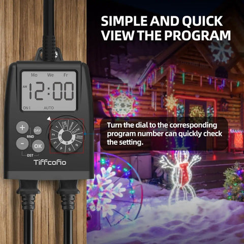 No Sweat Digital Outdoor Timer Outlet Featuring Easy Dial Programming And A Huge Clear Display Waterproof Dual Socket Layout Tailored For Christmas Lights And Backyard Gear At Sixteen Amps Rated with large screen showing settings.
