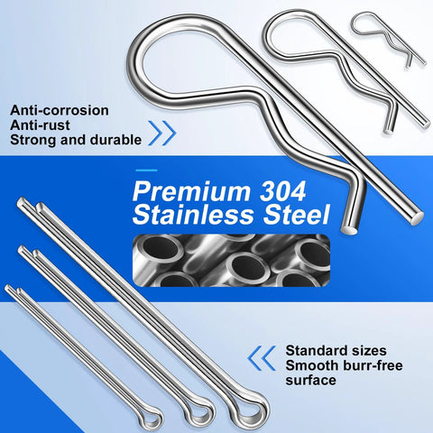 Assorted cotter pins and R-clips set, 220 pcs, 13 sizes, 304 stainless steel for automotive use