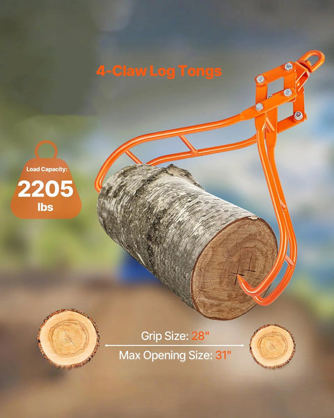 4-claw log grapple tongs, orange steel, 28-inch grip, 31-inch max opening, 2205-lb capacity