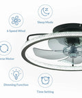 20 Inch Low Profile Ceiling Fan With Lights And Remote Dope Black Finish Modern Ceiling Fan for Bedroom Living Room Kitchen TV Room Quiet DC Motor 6 Speeds Reversible Stepless Dimming Smart Timing showcasing features like 6 speed wind, sleep mode, reverse motor, dimming function, and time setting.