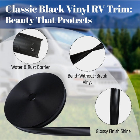 RV vinyl trim molding roll, 1-inch wide, black, 120 ft exterior weather stripping with gloss finish