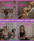 Lets Dance Neon Sign Pink LED Word Light for Weddings and Parties above women, staircase balloons, yoga, and makeup setting