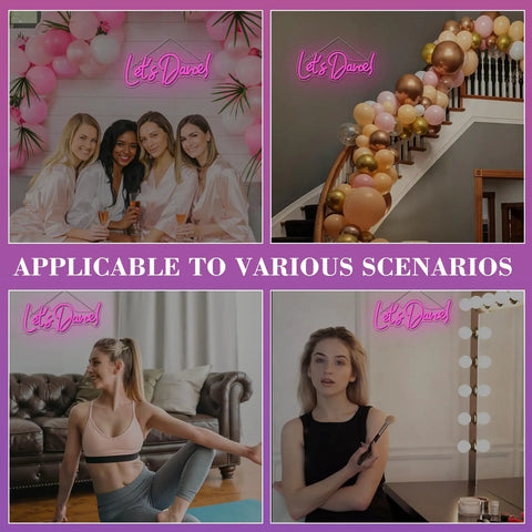 Lets Dance Neon Sign Pink LED Word Light for Weddings and Parties above women, staircase balloons, yoga, and makeup setting