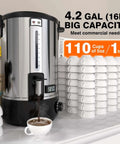 Commercial Coffee Urn 110-Cup 16L Fast Brew Stainless Steel Hot Beverage Dispenser With Temperature Display And Thermometer shown with cups
