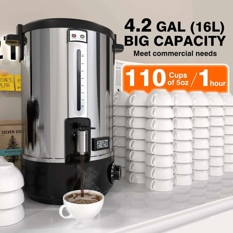 Commercial Coffee Urn 110-Cup 16L Fast Brew Stainless Steel Hot Beverage Dispenser With Temperature Display And Thermometer shown with cups