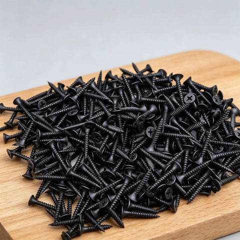 Go-To Drywall Screws Kit With 220 Black Wood Screws In 5 Sizes For Sheetrock And Picture Frames on wooden board