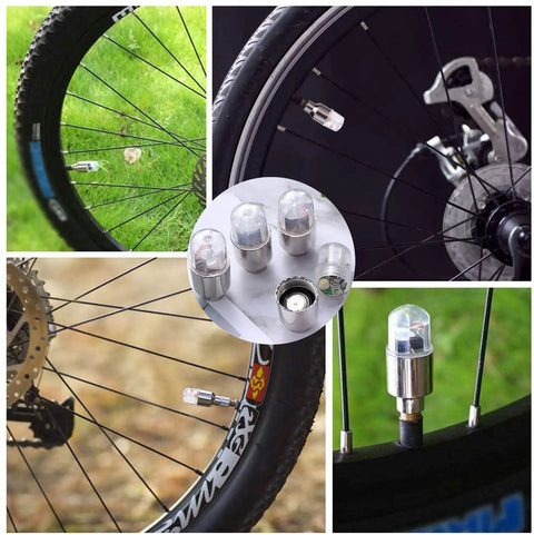 4 Pack LED Bike Wheel Light Valve Caps Waterproof Tire Valve Stems Spoke Flash Lights Colorful Reflector Accessories For Bikes Cars And Motorcycles With 10 Extra Batteries For Safer Night Riding