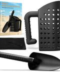 Heavy Duty Black Sand Scoop And Shovel For Metal Detecting Gear Kids And Adults Beach Treasure Hunting Sifter Digging Tool With Mesh Bag Weather Resistant And Rustproof, box, and mesh bag display.