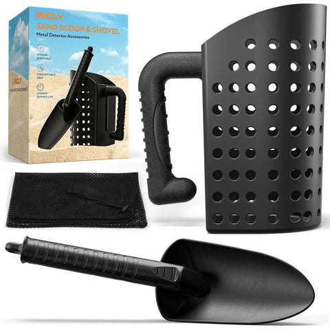 Heavy Duty Black Sand Scoop And Shovel For Metal Detecting Gear Kids And Adults Beach Treasure Hunting Sifter Digging Tool With Mesh Bag Weather Resistant And Rustproof, box, and mesh bag display.