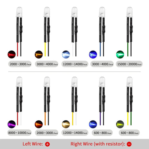 100 Pcs 5mm Prewired 12V UV LED Diodes Kit With 9.4 Inch Wire Leads Ultra Bright Assorted Color LEDs For Circuit Experiments And DIY Lighting Projects Cuttable Copper Wires Low Heat Reliable Performance, showing various color LEDs and wire connections.
