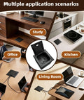 Slick Flush Mount Recessed Floor Outlet Box With Flat Hidden Socket Kit Featuring Top Shield Tamper Proof Receptacles Pd Type C Ethernet Ports And Quick Charge Gear displayed in study, office, kitchen, and living room settings.