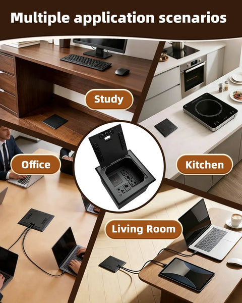Slick Flush Mount Recessed Floor Outlet Box With Flat Hidden Socket Kit Featuring Top Shield Tamper Proof Receptacles Pd Type C Ethernet Ports And Quick Charge Gear displayed in study, office, kitchen, and living room settings.