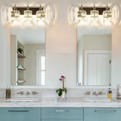Modern Crystal Bathroom Vanity Light 3 Light Chrome Wall Sconce Over Mirror With Square Shade Luxurious Glass Crystal Bath Fixture