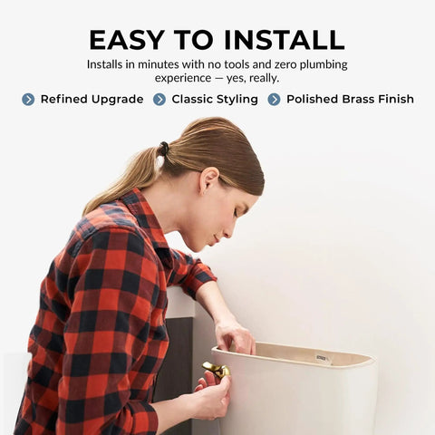 Woman installing the Polished Brass Front Mount Toilet Handle Replacement Kit with Universal Flush Lever on a toilet tank.