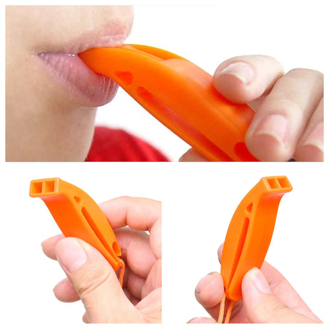 Close-up of orange whistle from 2X Survival Whistles With Lanyards And 2X Reflective Signal Mirrors, Grab-And-Go Rescue Kit for outdoor use.