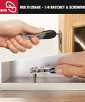 Using Tiny But Mighty Mini Ratchet Set 12 Piece One Quarter Inch Drive Right Angle Screwdriver Kit for door hinge and cabinet screw
