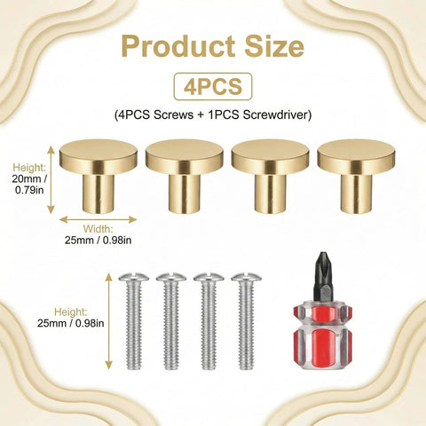 4 Pack Gold Solid Brass Round Drawer Knobs With Mounting Screws For Cabinets Dresser Kitchen And Bathroom Hardware Handles Premium Quality Brushed Finish, includes screws and screwdriver