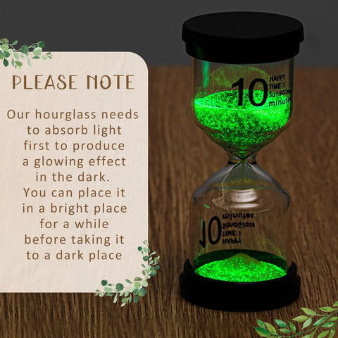 Five Colorful Luminous Sand Timers Set Of Five 1 3 5 10 15 Minute Hourglasses Glow In The Dark With Protective Cover For Classroom Home Office Kitchen Cooking Decor, glowing 10-minute green sand timer with instructions