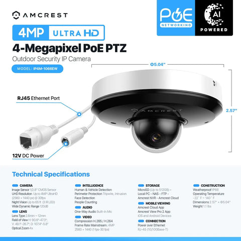 ProHD 4MP PTZ Outdoor Security Camera With 4X Optical Zoom IP66 Vandal Proof Dome PoE Night Vision To 65ft Pan Tilt Coverage Built Tough Weatherproof Home Surveillance, showing detailed technical specifications and connection ports.