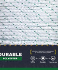 Close-up of double braided polyester pulling rope, white with green tracers, labeled durable for marine use and winching, 1/4 inch x 600 feet